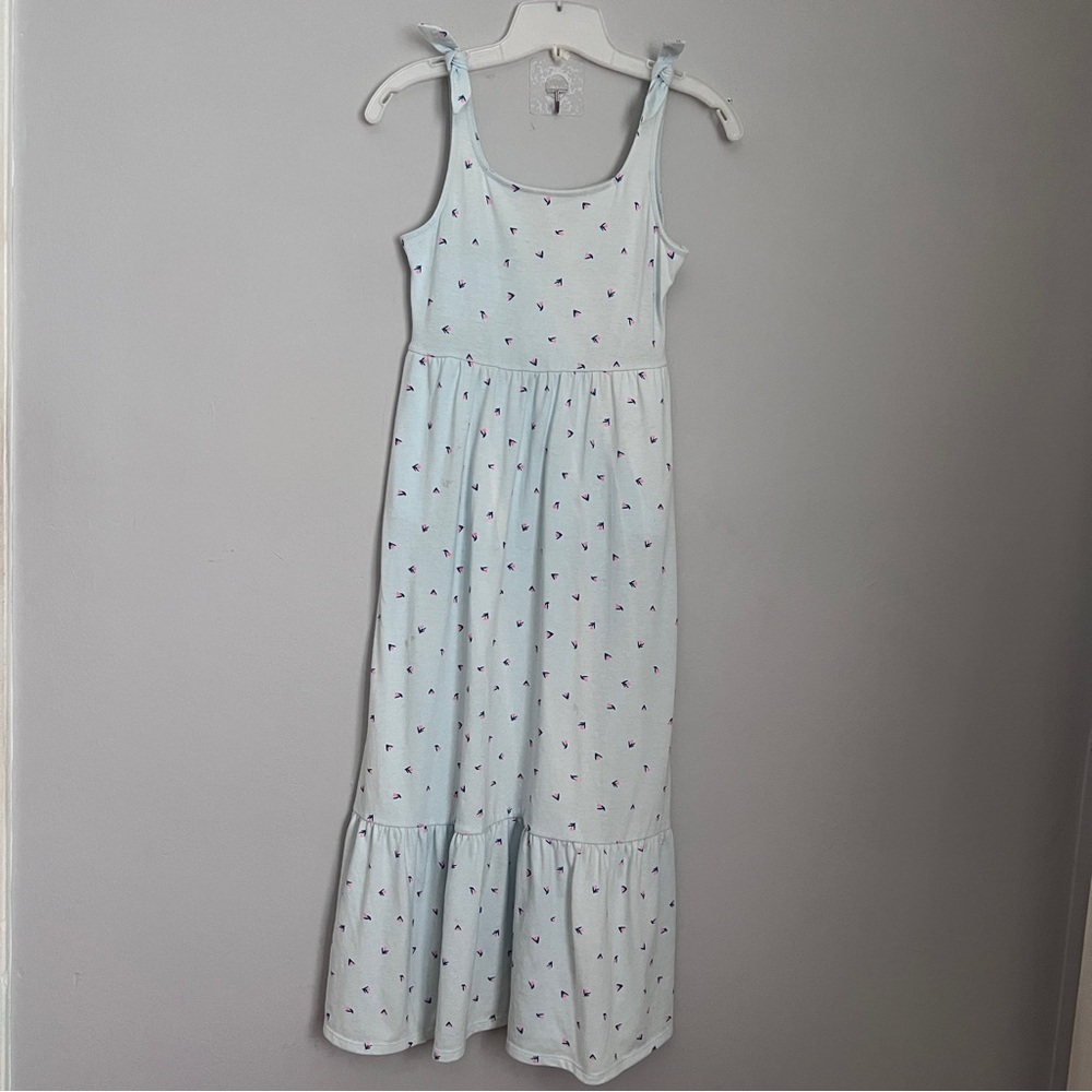 Cat & Jack Girls Size L (10/12) Blue w/Pink Rose Patterned Maxi Dress EUC